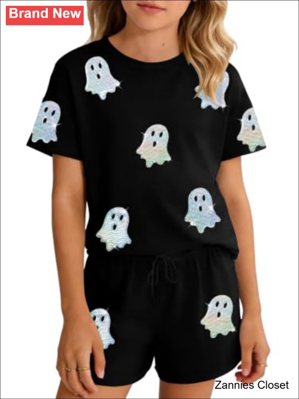 👻 Girls Halloween Outfit 2 Piece Sequin Ghost Shirt & Short Set Spooky Tee